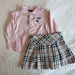 Burberry Black Label size 3 matching plaid skirt and pink polo shirt outfit